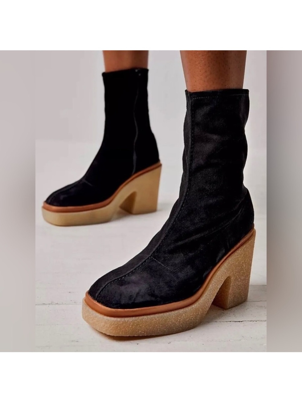 Free People Black Sock Platform Boots with Tan Crepe Heel